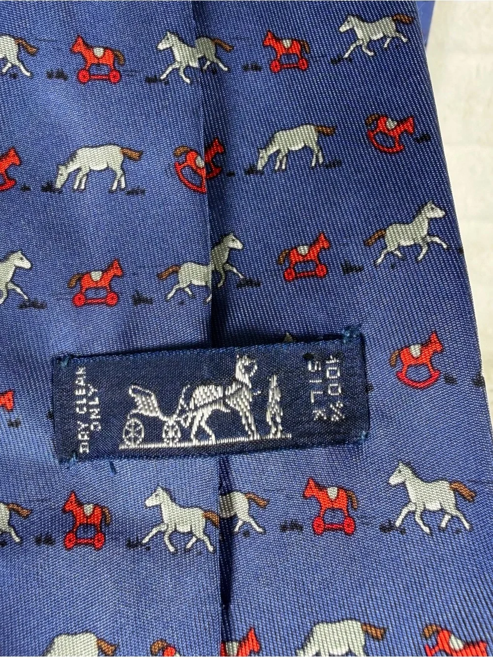 HERMES Horse print silk tie navy With Horse And Toy Horse